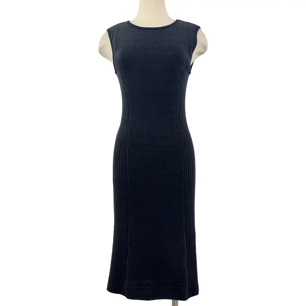 Tory Burch Midnight Navy Sleeveless Ribbed Midi Dress